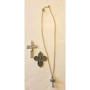 Lot of 3 Vintage Crucifix Cross Estate Necklace & Pendant Silver Tone Jewelry